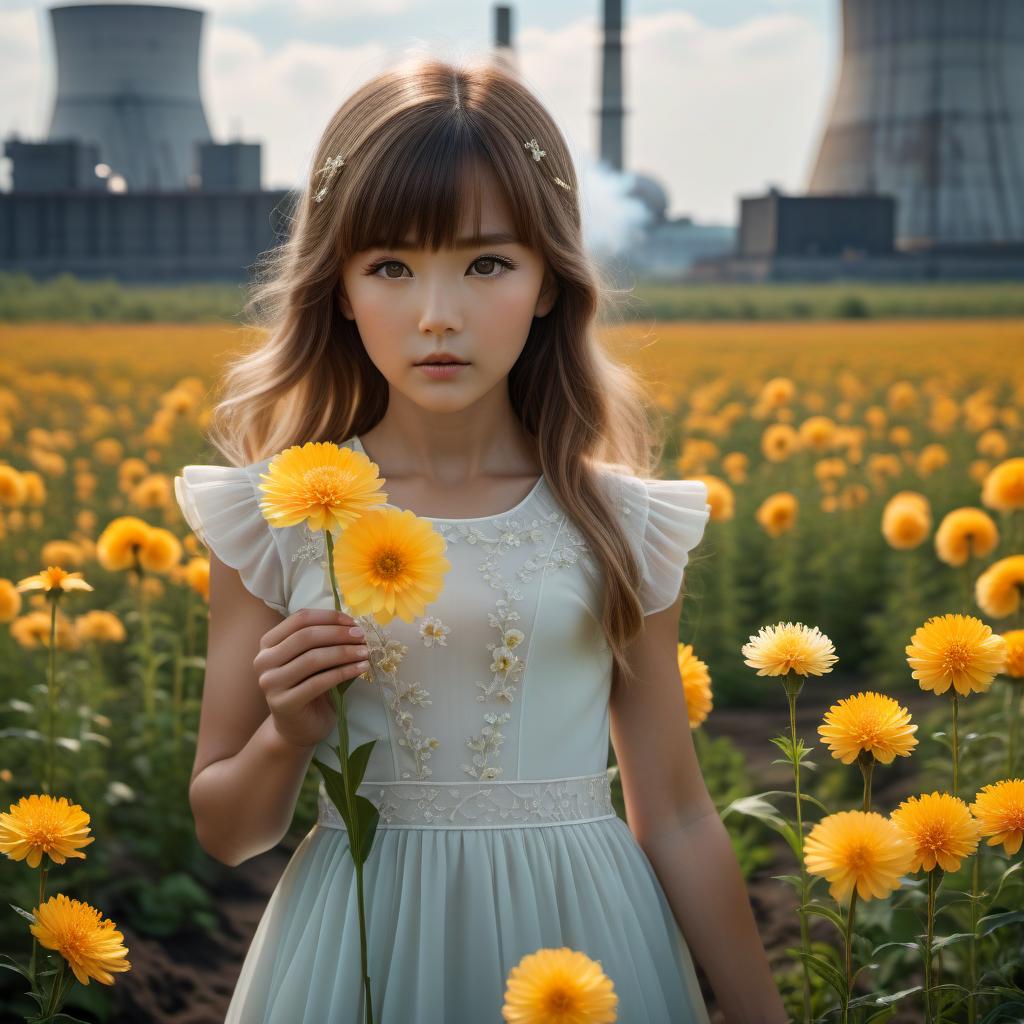  cinematic photo Against the backdrop of a nuclear explosion, a child closes a flower blooming from the ground. Melancholic. Realistic. Anime. . 35mm photograph, film, bokeh, professional, 4k, highly detailed hyperrealistic, full body, detailed clothing, highly detailed, cinematic lighting, stunningly beautiful, intricate, sharp focus, f/1. 8, 85mm, (centered image composition), (professionally color graded), ((bright soft diffused light)), volumetric fog, trending on instagram, trending on tumblr, HDR 4K, 8K