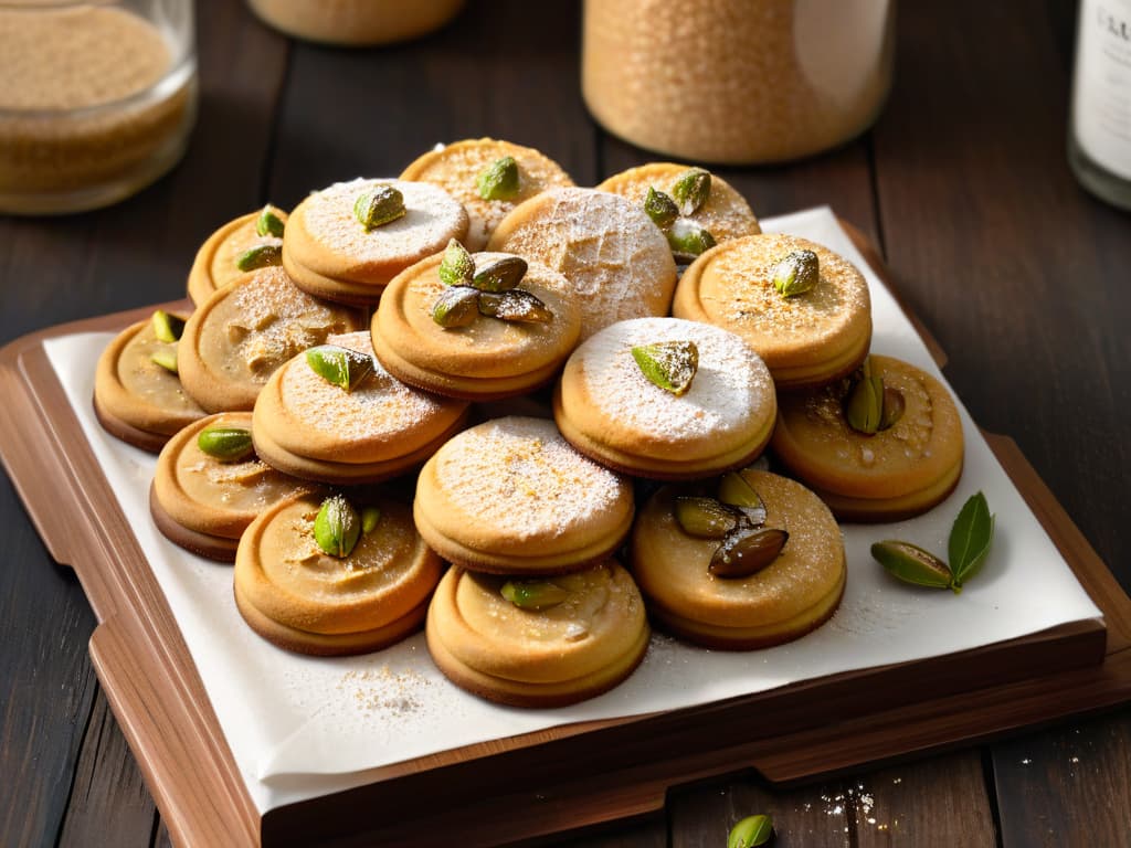  A serene, minimalist image of freshly baked Barazek cookies arranged neatly on a rustic wooden tray, showcasing the goldenbrown hue of the sesame and pistachiostudded treats. The cookies are delicately dusted with powdered sugar, with a subtle hint of sesame seeds and chopped pistachios scattered around them. The warm natural light filtering through a nearby window casts a soft, inviting glow on the cookies, emphasizing their texture and inviting the viewer to reach out and savor a bite. hyperrealistic, full body, detailed clothing, highly detailed, cinematic lighting, stunningly beautiful, intricate, sharp focus, f/1. 8, 85mm, (centered image composition), (professionally color graded), ((bright soft diffused light)), volumetric fog, trending on instagram, trending on tumblr, HDR 4K, 8K