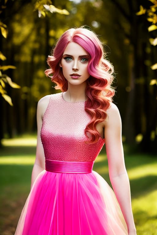 modelshoot style A amber haired   in a translucent pink  dress