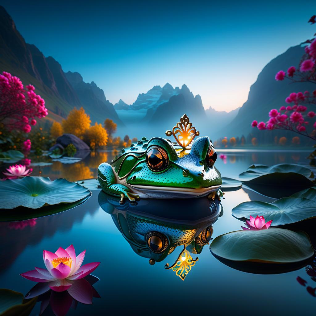  fairy tale (Background): a lake with blooming lotuses of different shades: from white pink to bright crimson and leaves of tender green colour. The sky above the lake of dark blue colour with golden stars scattered on it. (Fantasy Princess Frog): in the centre of the lake on the biggest lotus flower sits a charming frog in a golden crown decorated with blue and blue precious stones. In his paws he holds a ring decorated with blue stones. Style: fantasy, Russian fairy tales, illustrations. . magical, fantastical, enchanting, storybook style, highly detailed hyperrealistic, full body, detailed clothing, highly detailed, cinematic lighting, stunningly beautiful, intricate, sharp focus, f/1. 8, 85mm, (centered image composition), (professionally color graded), ((bright soft diffused light)), volumetric fog, trending on instagram, trending on tumblr, HDR 4K, 8K