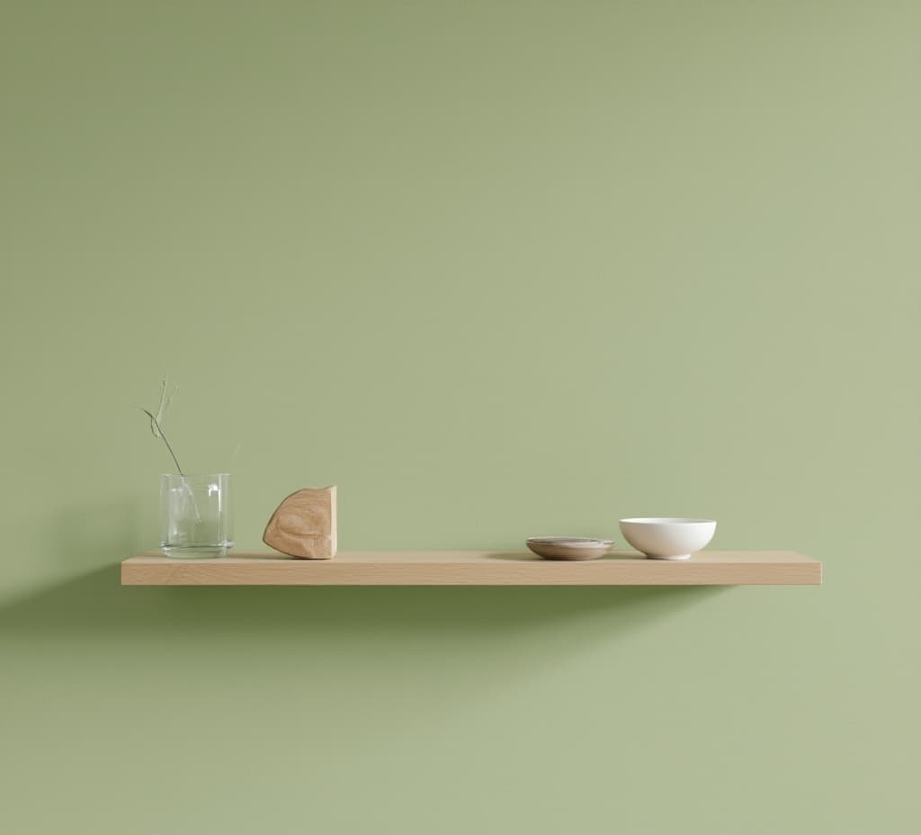  good quality, high quality, textured sage green wall with minimalist wooden shelf zenlike simplicity soft shadows muted tones perfect for product showcase