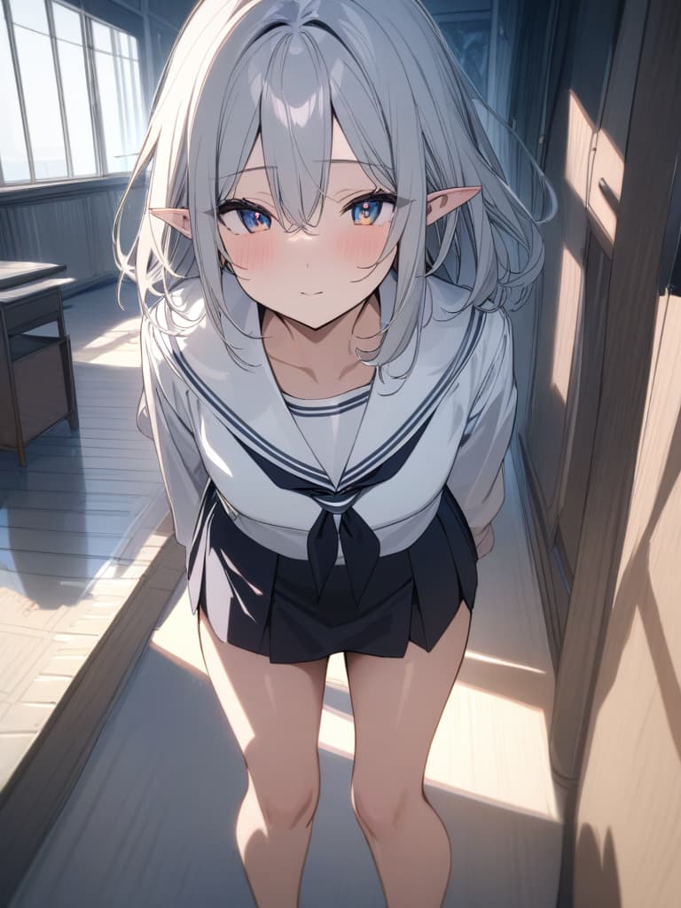  ultra detailed:1.2masterpiece:1.2,best quality,masterpiece,bestquality,hdr:1.1,8k:1.1,very cute girl:1.3,silver hair,1.3,dark skin:1.1,curly:1.1,sailor dress:1.4,pointy ears:1.3,standing :1.1,school room :1.3,eyes highlights:1.5,twinkle eyes:1.3, masterpiece, best quality,8k,ultra detailed,high resolution,an extremely delicate and beautiful,hyper detail