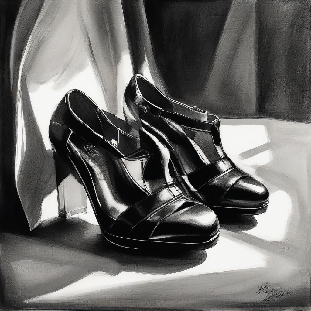  film noir style sketch of a fashion house, women's shoes and bag drawn with a black and white brush, clear and rough ink strokes, detailing, original, beautiful and gentle. . monochrome, high contrast, dramatic shadows, 1940s style, mysterious, cinematic hyperrealistic, full body, detailed clothing, highly detailed, cinematic lighting, stunningly beautiful, intricate, sharp focus, f/1. 8, 85mm, (centered image composition), (professionally color graded), ((bright soft diffused light)), volumetric fog, trending on instagram, trending on tumblr, HDR 4K, 8K