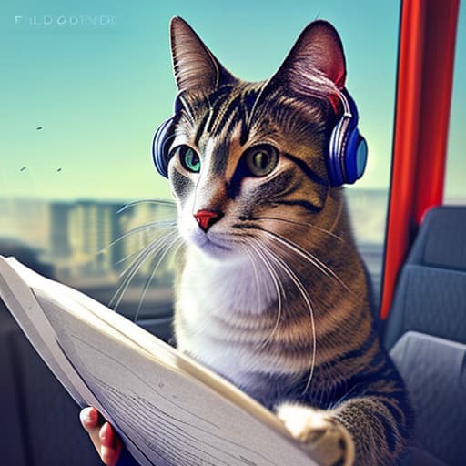 nvinkpunk Realistic image of a cat wearing headphones and reading glasses while riding a bus., wallpaper hyperrealistic, full body, detailed clothing, highly detailed, cinematic lighting, stunningly beautiful, intricate, sharp focus, f/1. 8, 85mm, (centered image composition), (professionally color graded), ((bright soft diffused light)), volumetric fog, trending on instagram, trending on tumblr, HDR 4K, 8K