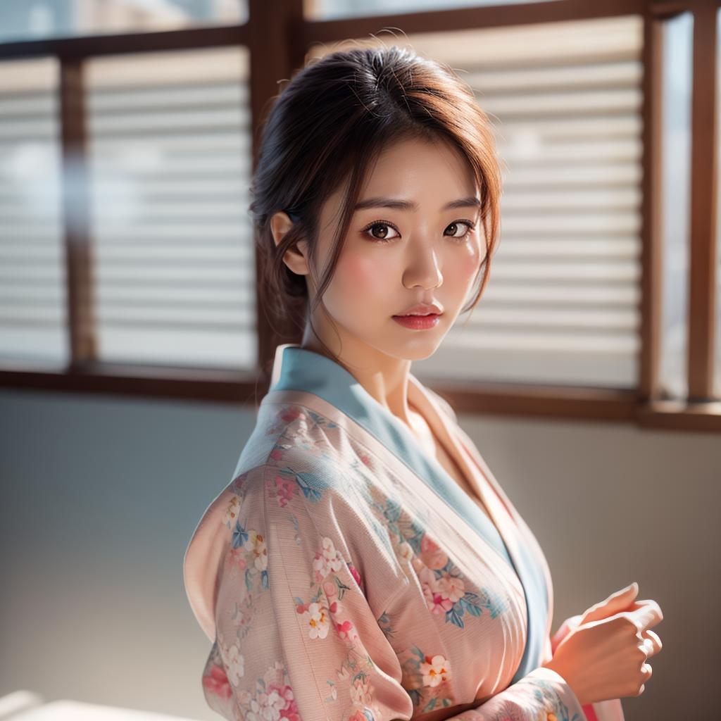  (masterpiece:1.3), (8k, photorealistic, photo, best quality: 1.4), (Japanese woman wearing clothes:),(realistic face), realistic eyes, (realistic skin), beautiful skin, kimono, (perfect body:1.3), (detailed body:1.2), hyperrealistic, full body, detailed clothing, highly detailed, cinematic lighting, stunningly beautiful, intricate, sharp focus, f/1. 8, 85mm, (centered image composition), (professionally color graded), ((bright soft diffused light)), volumetric fog, trending on instagram, trending on tumblr, HDR 4K, 8K