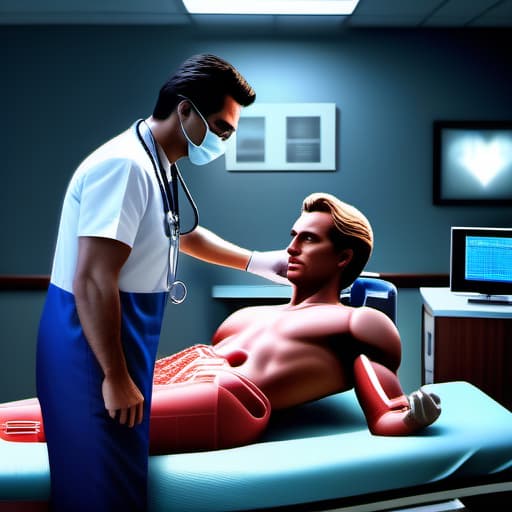  a cardiologist examining a patient inside a hospital emergency room, photorealistic, physical exame, stethoscope, life-like, photo, auscultation, ekg, ecg, 8k hyperrealistic, full body, detailed clothing, highly detailed, cinematic lighting, stunningly beautiful, intricate, sharp focus, f/1. 8, 85mm, (centered image composition), (professionally color graded), ((bright soft diffused light)), volumetric fog, trending on instagram, trending on tumblr, HDR 4K, 8K