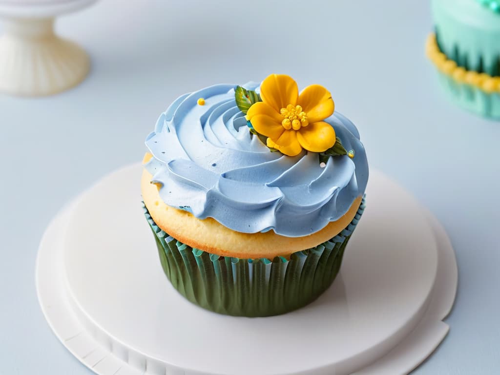  A closeup, ultradetailed image of a perfectly frosted cupcake, adorned with delicate sprinkles and a small edible flower on top. The frosting is smooth and glossy, with intricate swirls and peaks, showcasing expert piping skills. The colors of the cupcake and decorations are vibrant and eyecatching, set against a clean, white background to emphasize the minimalistic aesthetic. hyperrealistic, full body, detailed clothing, highly detailed, cinematic lighting, stunningly beautiful, intricate, sharp focus, f/1. 8, 85mm, (centered image composition), (professionally color graded), ((bright soft diffused light)), volumetric fog, trending on instagram, trending on tumblr, HDR 4K, 8K