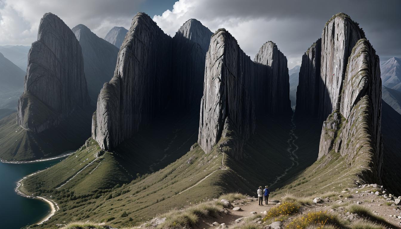  cinematic, neuro enlightenment, aesthetic, A set of identical twins helping each other climb, detailed faces and expressions, dynamic movement, background of a recognizable landscape, mirror image, comfort in similarity, 4k, HDR, sleek, modern design, vibrant, interactive visuals, contemporary aesthetics, highly engaging, mind expanding