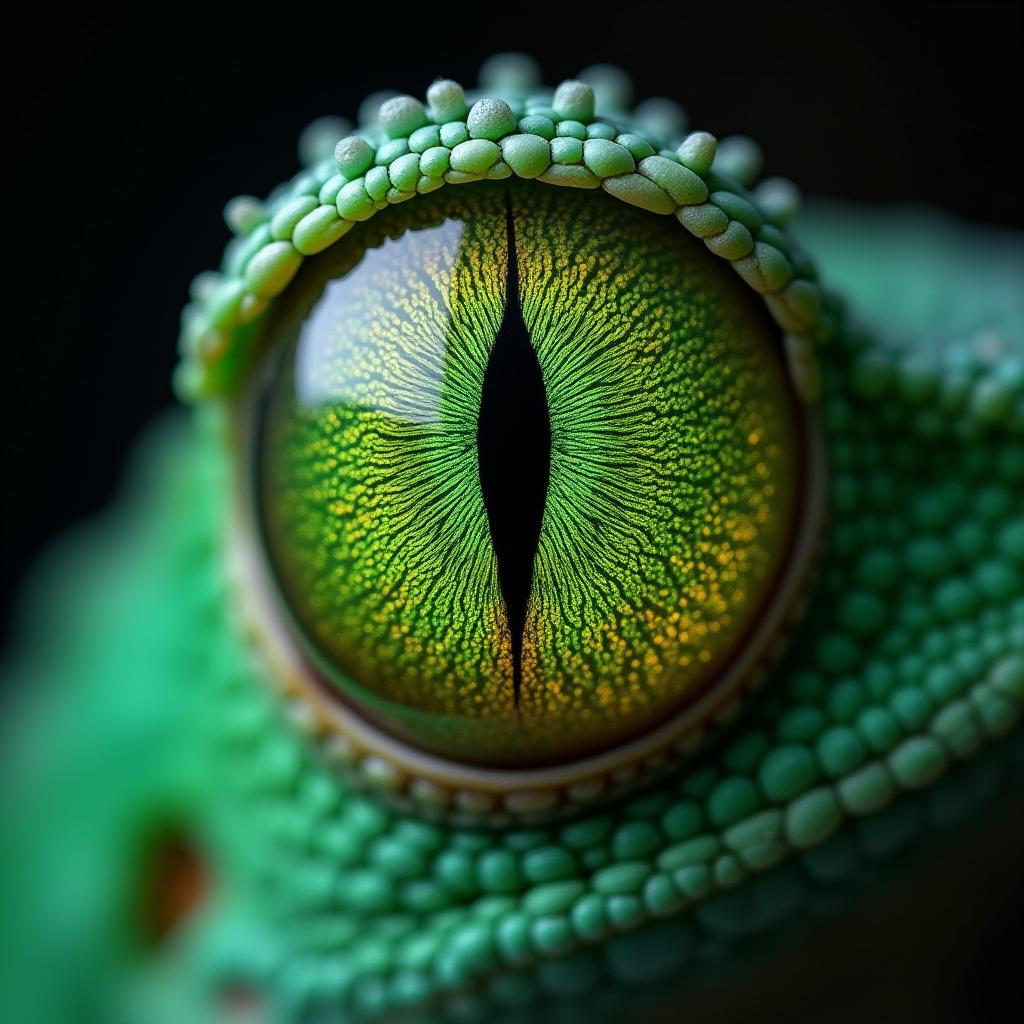  macro photo of bright green lizard eye, high detail