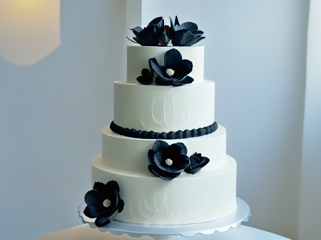  An intricate photorealistic image of a threetiered black and white wedding cake, elegantly decorated with delicate white fondant lace and intricate black sugar flowers cascading down the sides. The cake sits on a polished silver cake stand, with soft lighting highlighting the intricate details and creating a sense of elegance and sophistication. hyperrealistic, full body, detailed clothing, highly detailed, cinematic lighting, stunningly beautiful, intricate, sharp focus, f/1. 8, 85mm, (centered image composition), (professionally color graded), ((bright soft diffused light)), volumetric fog, trending on instagram, trending on tumblr, HDR 4K, 8K