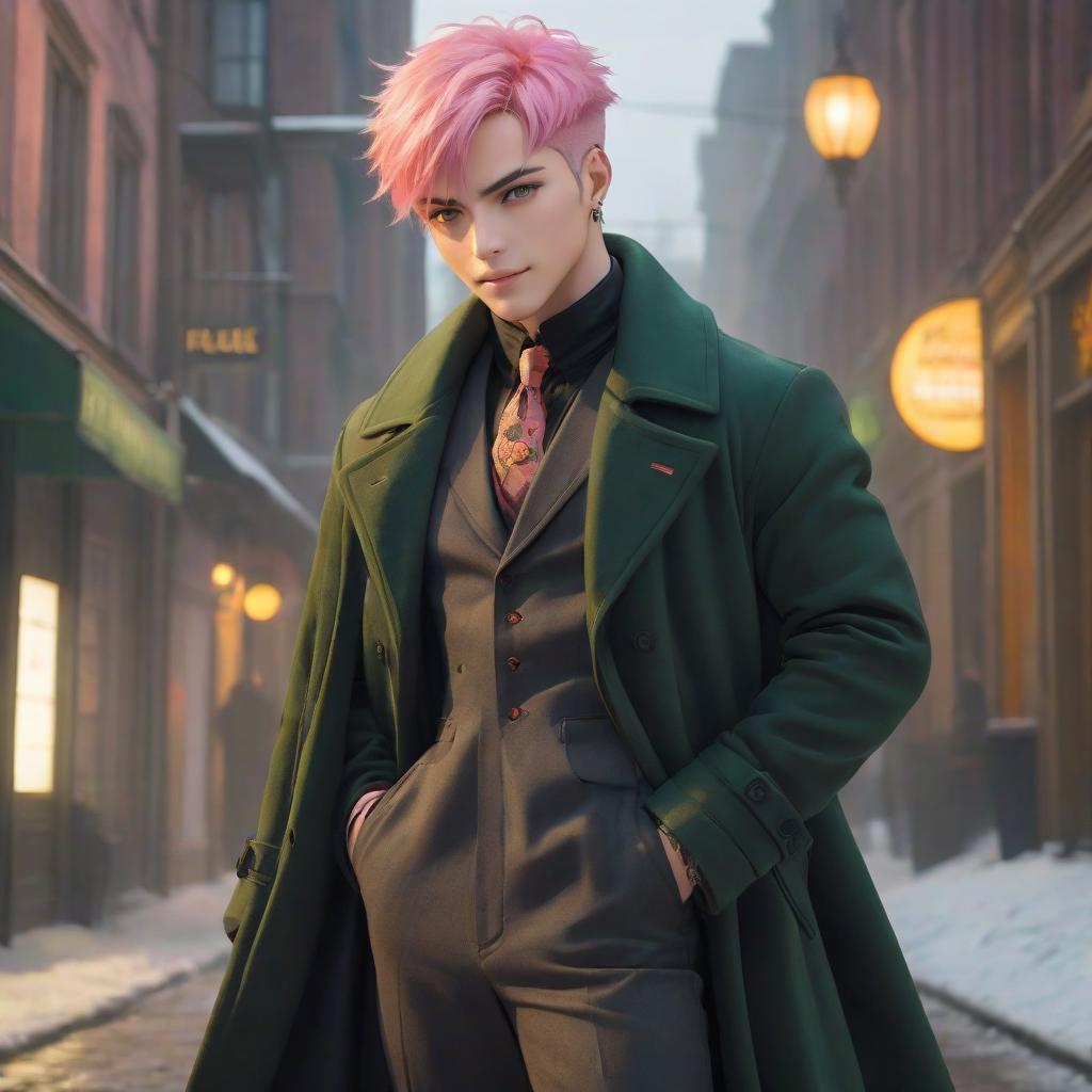  A cheerful and bright guy with short, frayed pink hair. Orange boots with green laces. Bright colors. Daring. Hazel eyes. Standing up. A black coat with a collar. Beige background. hyperrealistic, full body, detailed clothing, highly detailed, cinematic lighting, stunningly beautiful, intricate, sharp focus, f/1. 8, 85mm, (centered image composition), (professionally color graded), ((bright soft diffused light)), volumetric fog, trending on instagram, trending on tumblr, HDR 4K, 8K