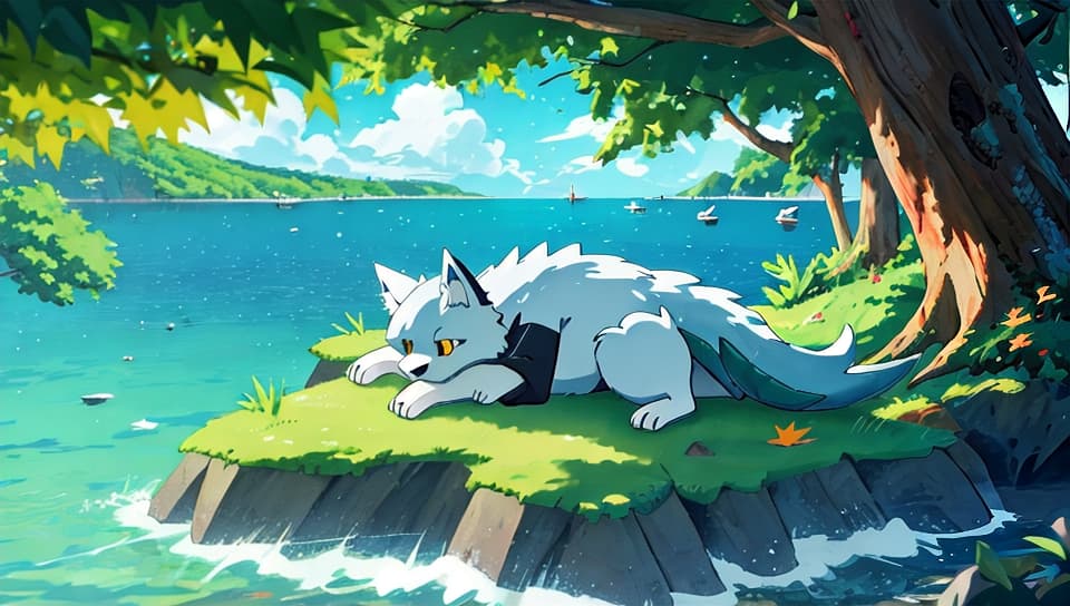  3D Wolf Head Dragon cuddling maple shaped bedge in which there is sea view with life tree , (anime:1.15), HQ, Hightly detailed, 4k