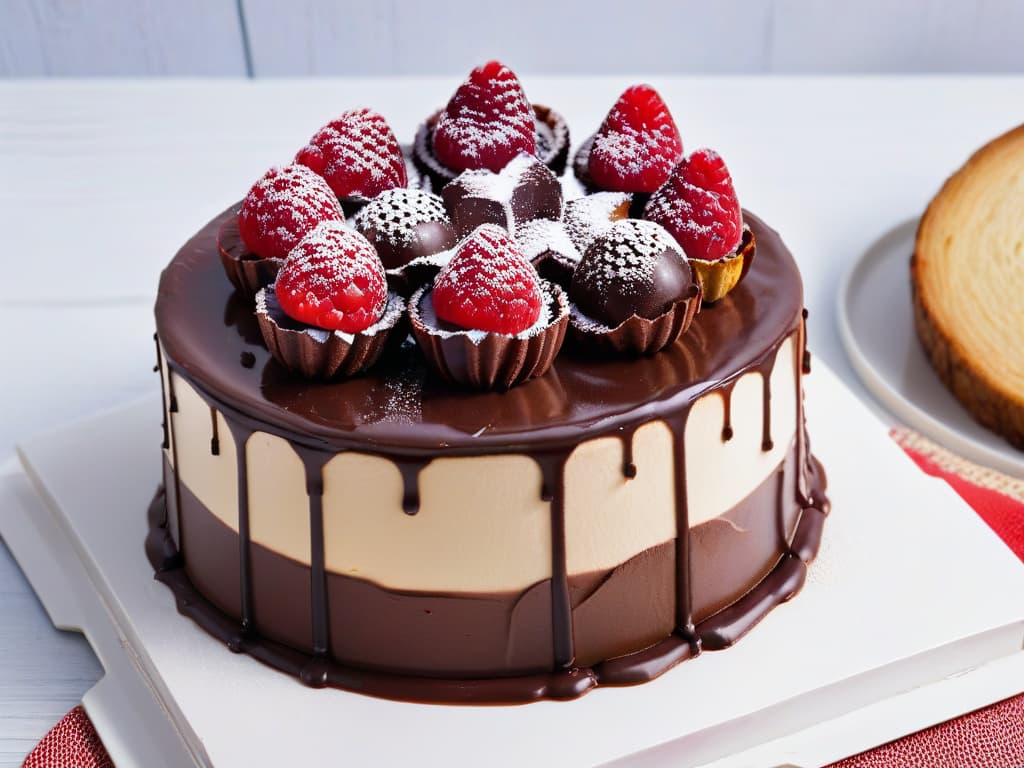  A closeup, ultradetailed image of a decadent, rich chocolate cake topped with fresh raspberries, drizzled with velvety vegan chocolate ganache, all set on a sleek, modern white plate. The cake is perfectly moist, with layers visible, showcasing its indulgent texture. The raspberries glisten, adding a pop of vibrant color against the dark chocolate, while the ganache cascades elegantly down the sides of the cake, creating a visually stunning contrast. The lighting is soft, highlighting the glossy sheen of the ganache and the natural beauty of the fresh fruit, making this dessert a tempting and irresistible treat for any vegan dessert enthusiast. hyperrealistic, full body, detailed clothing, highly detailed, cinematic lighting, stunningly beautiful, intricate, sharp focus, f/1. 8, 85mm, (centered image composition), (professionally color graded), ((bright soft diffused light)), volumetric fog, trending on instagram, trending on tumblr, HDR 4K, 8K