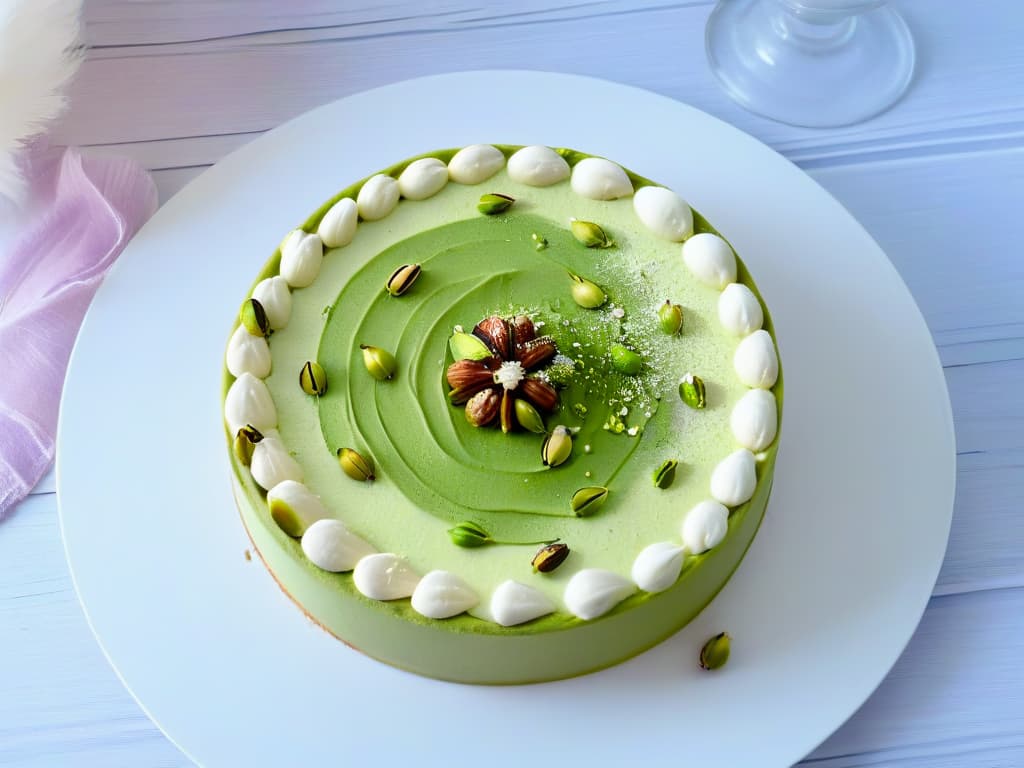  A closeup, ultradetailed image of a luxurious pistachio and white chocolate tart, showcasing intricate layers of pistachio cream, delicate white chocolate decorations, and a sprinkle of crushed pistachios on top. The tart is elegantly presented on a sleek, minimalist plate, emphasizing the green and white color palette that exudes sophistication and indulgence. hyperrealistic, full body, detailed clothing, highly detailed, cinematic lighting, stunningly beautiful, intricate, sharp focus, f/1. 8, 85mm, (centered image composition), (professionally color graded), ((bright soft diffused light)), volumetric fog, trending on instagram, trending on tumblr, HDR 4K, 8K