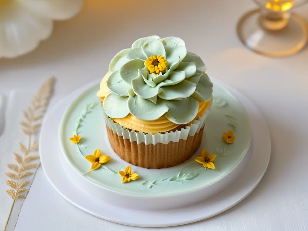  A closeup, ultradetailed image of a perfectly frosted cupcake with intricate swirls of pastelcolored buttercream, delicate edible flowers, and shimmering gold leaf accents on a pristine white porcelain plate. The lighting captures every glisten and shadow, highlighting the meticulous craftsmanship and inviting texture of the dessert, making it an irresistible focal point for any pastry enthusiast. hyperrealistic, full body, detailed clothing, highly detailed, cinematic lighting, stunningly beautiful, intricate, sharp focus, f/1. 8, 85mm, (centered image composition), (professionally color graded), ((bright soft diffused light)), volumetric fog, trending on instagram, trending on tumblr, HDR 4K, 8K