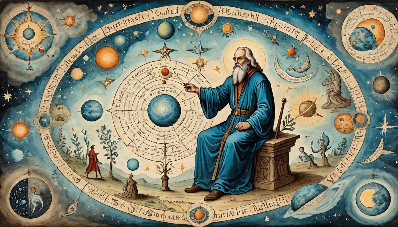  on parchment, surrealism+++, A wise teacher surrounded by celestial students, cosmic symbols surrounding, figure depicted as one with universe, guiding presence(mysterious, provocative, symbolic,muted color)+++