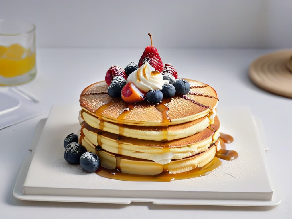  A closeup, highresolution image of a stack of fluffy pancakes drizzled with golden maple syrup, topped with a perfectly placed dollop of whipped cream and a sprinkle of fresh berries. The pancakes are arranged artfully on a sleek, white plate, set against a clean, minimalist background to enhance the visual appeal and focus on the delicious details of this sweet mapleinfused dish. hyperrealistic, full body, detailed clothing, highly detailed, cinematic lighting, stunningly beautiful, intricate, sharp focus, f/1. 8, 85mm, (centered image composition), (professionally color graded), ((bright soft diffused light)), volumetric fog, trending on instagram, trending on tumblr, HDR 4K, 8K