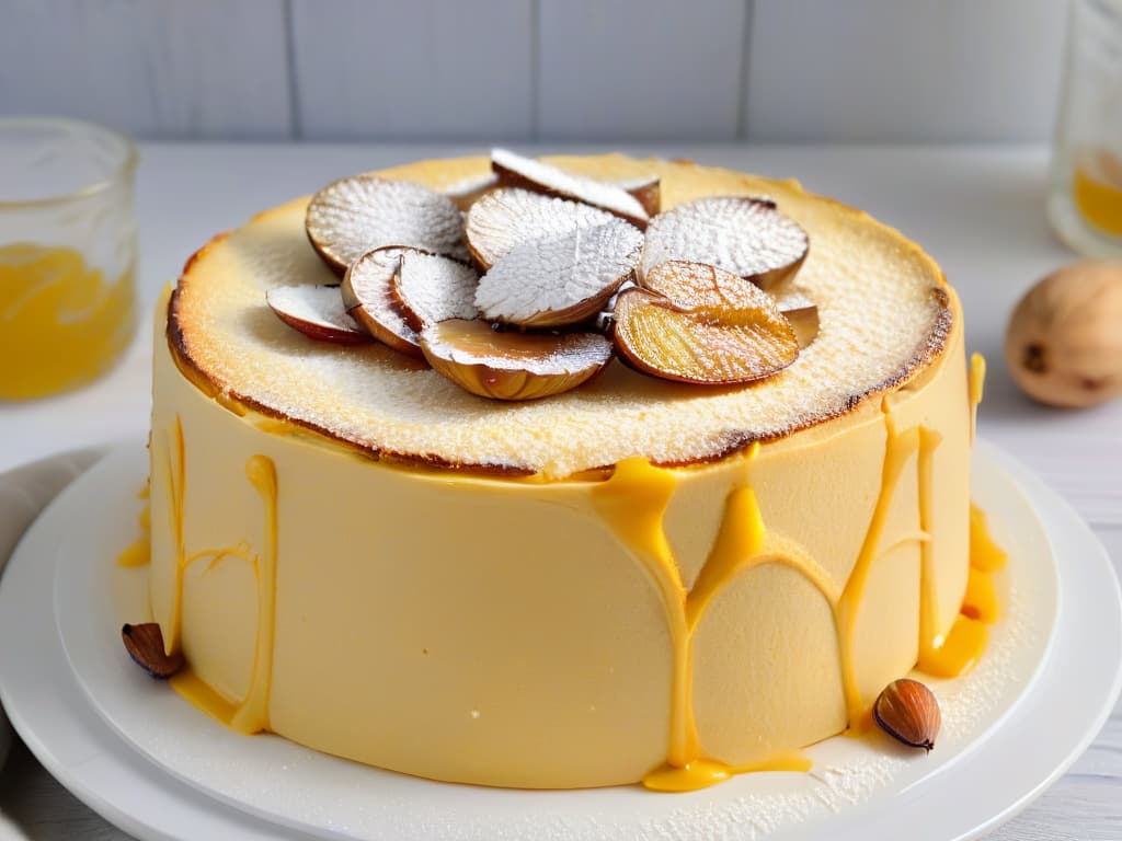  An ultradetailed closeup image of a freshly baked almond flour cake, showcasing the golden crust speckled with sliced almonds and a dusting of powdered sugar. The texture of the cake is moist and crumbly, with visible almond bits adding a rustic appeal. The background is a soft focus, highlighting the cake as the hero of the image. hyperrealistic, full body, detailed clothing, highly detailed, cinematic lighting, stunningly beautiful, intricate, sharp focus, f/1. 8, 85mm, (centered image composition), (professionally color graded), ((bright soft diffused light)), volumetric fog, trending on instagram, trending on tumblr, HDR 4K, 8K