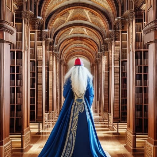  Generate an image centered around "an elderly wizard reading an ancient scroll in a vast library". Ensure that the scene, with "thousands of towering, dusty bookshelves and flickering oil lamps casting long dancing shadows", is the main feature. The character, "the wizard, with his long white beard, pointy hat and bright, starry robe", holds a central role against a subtle backdrop of "deep mahogany woodwork and high arched windows revealing a moonlit night". The scene's intricate details should be more pronounced than the background, keeping the wizard as the focal point of this composition., best quality, very detailed, high resolution, sharp, sharp image, extremely detailed, 4k, 8k, in-frame hyperrealistic, full body, detailed clothing, highly detailed, cinematic lighting, stunningly beautiful, intricate, sharp focus, f/1. 8, 85mm, (centered image composition), (professionally color graded), ((bright soft diffused light)), volumetric fog, trending on instagram, trending on tumblr, HDR 4K, 8K
