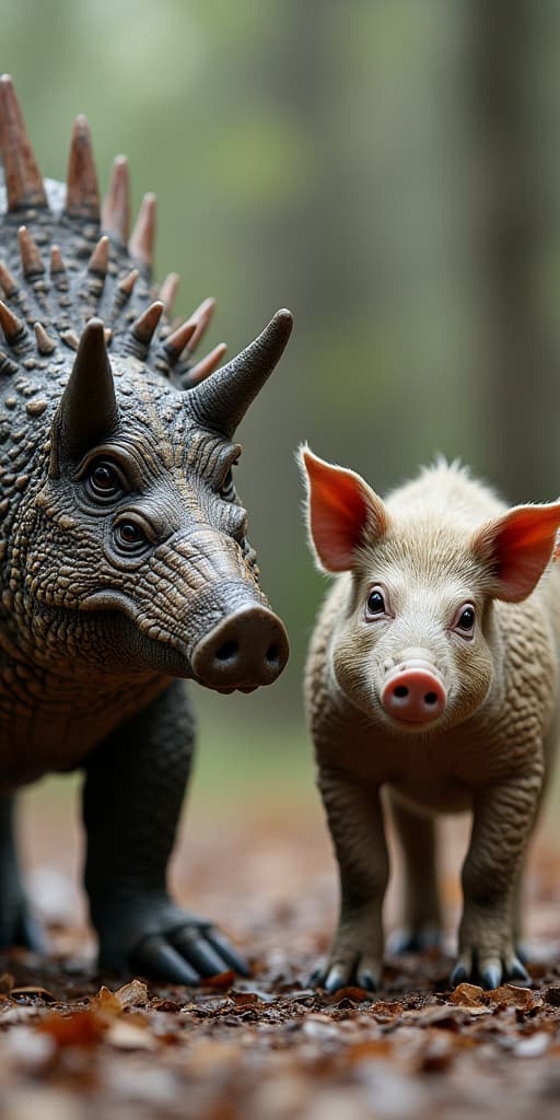  good quality, high quality, ankylosaurus on the left, pig on the rigth, realistic, highly detailed