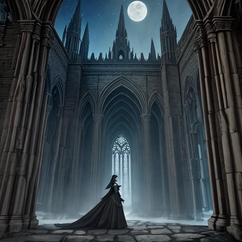  in a gothic aesthetic, Ethereal spires pierce the moonlit sky, as ancient arches weave tales of forgotten realms in a Gothic tapestry.