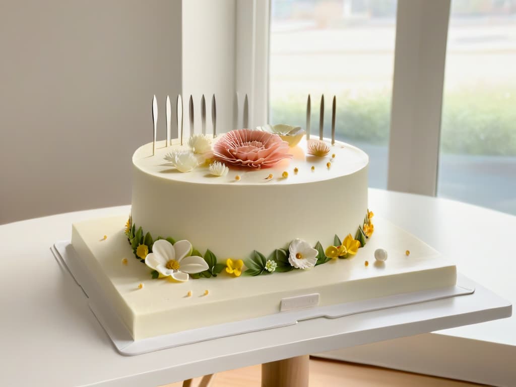  A minimalist image of a handson workshop setting with a sleek, modern design aesthetic. The image features a long, wooden table adorned with elegant cake decorating tools like piping bags, fondant smoothers, and delicate sugar flowers. Soft, natural light filters in through large windows, casting a warm glow over the pristine workspace. In the background, a blackboard displays intricate wedding cake designs, inspiring creativity and refinement. The overall ambiance exudes sophistication and craftsmanship, setting the stage for a highquality learning experience in cake artistry. hyperrealistic, full body, detailed clothing, highly detailed, cinematic lighting, stunningly beautiful, intricate, sharp focus, f/1. 8, 85mm, (centered image composition), (professionally color graded), ((bright soft diffused light)), volumetric fog, trending on instagram, trending on tumblr, HDR 4K, 8K