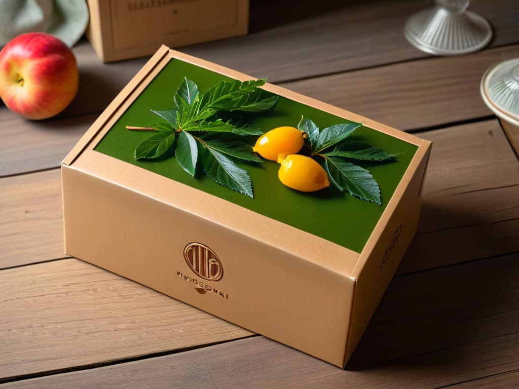  A highresolution image showing a closeup of a beautifully crafted, ecofriendly packaging box for pastries, adorned with elegant, minimalist design elements like leaf motifs and earthy tones. The box is placed on a rustic wooden table, surrounded by fresh, vibrant fruits and greenery, creating a visually appealing and environmentally conscious scene that conveys the concept of ecofriendly pastry packaging in a professional and inspiring manner. hyperrealistic, full body, detailed clothing, highly detailed, cinematic lighting, stunningly beautiful, intricate, sharp focus, f/1. 8, 85mm, (centered image composition), (professionally color graded), ((bright soft diffused light)), volumetric fog, trending on instagram, trending on tumblr, HDR 4K, 8K