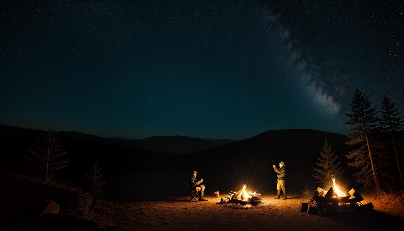  digital illustration, A figure standing by a campfire, night sky overhead, stars twinkling, sharing tales, sense of camaraderie, adventure, warm glow, looking at viewer, dynamic pose, (intricate details, masterpiece, best quality)