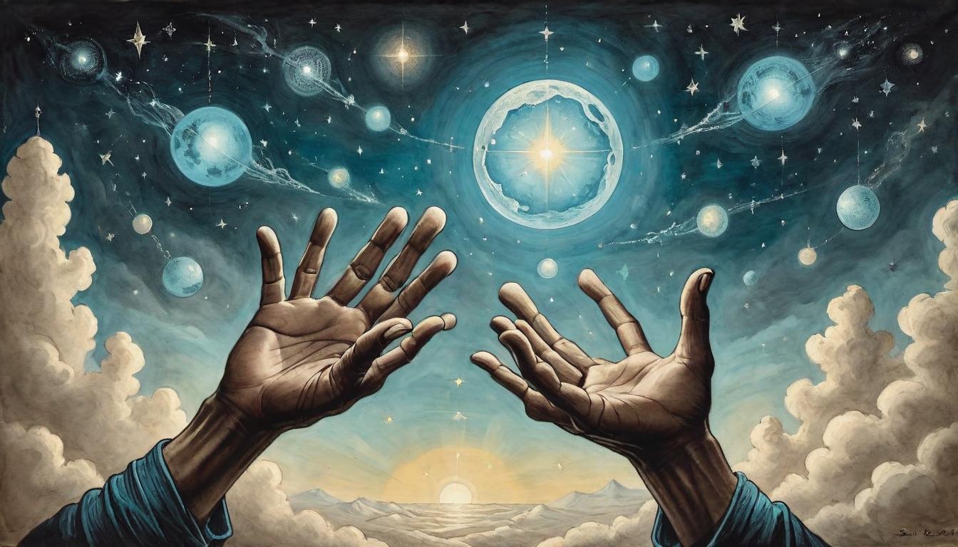  on parchment, surrealism+++, A pair of hands (should not depict hands, metaphorically described) releasing glowing orbs into the sky, each orb representing what no longer serves, night sky filled with stars, the act of releasing lighting up the darkness, freedom, release, transformative letting go.(mysterious, provocative, symbolic,muted color)+++