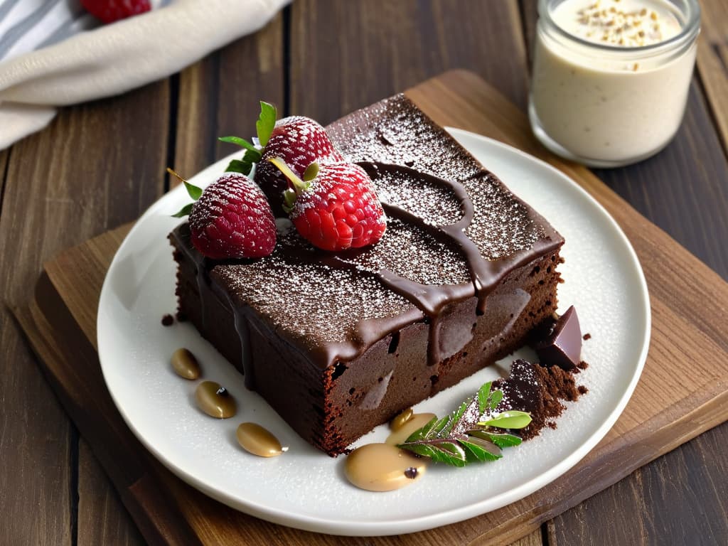  A closeup, photorealistic image of a decadent chocolate hemp protein brownie, topped with a drizzle of creamy almond butter, a sprinkle of hemp seeds, and a few fresh raspberries on a sleek, modern plate set against a rustic wooden background. The brownie is perfectly moist, with visible chunks of dark chocolate and a dusting of cocoa powder, exuding an enticing aroma that invites the viewer to reach out and take a bite. The lighting is soft, creating a warm and inviting atmosphere that highlights the textures and colors of the dessert, making it look both indulgent and nutritious. hyperrealistic, full body, detailed clothing, highly detailed, cinematic lighting, stunningly beautiful, intricate, sharp focus, f/1. 8, 85mm, (centered image composition), (professionally color graded), ((bright soft diffused light)), volumetric fog, trending on instagram, trending on tumblr, HDR 4K, 8K