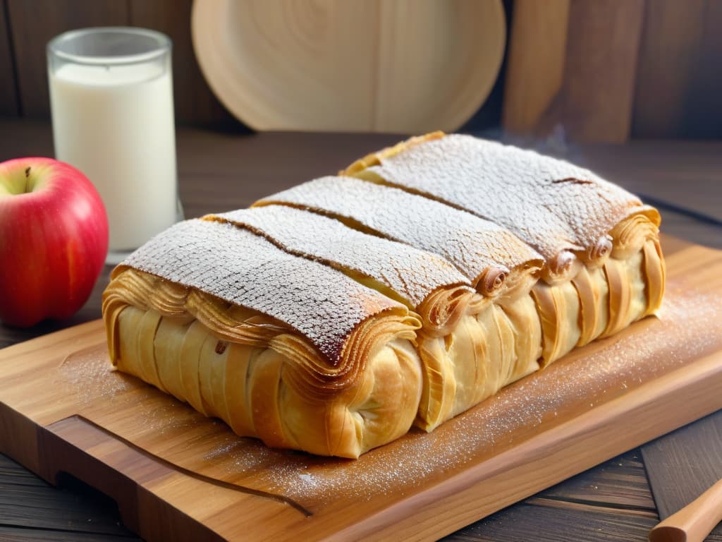  An ultradetailed image of a flaky, goldenbrown apple strudel fresh out of the oven, sprinkled with a light dusting of powdered sugar and served on a rustic wooden platter. The layers of delicate pastry are visible, revealing the juicy apple filling spiced with cinnamon and hints of citrus zest. Steam rises gently from the dessert, adding to the inviting and mouthwatering appeal of this traditional Austrian treat. hyperrealistic, full body, detailed clothing, highly detailed, cinematic lighting, stunningly beautiful, intricate, sharp focus, f/1. 8, 85mm, (centered image composition), (professionally color graded), ((bright soft diffused light)), volumetric fog, trending on instagram, trending on tumblr, HDR 4K, 8K