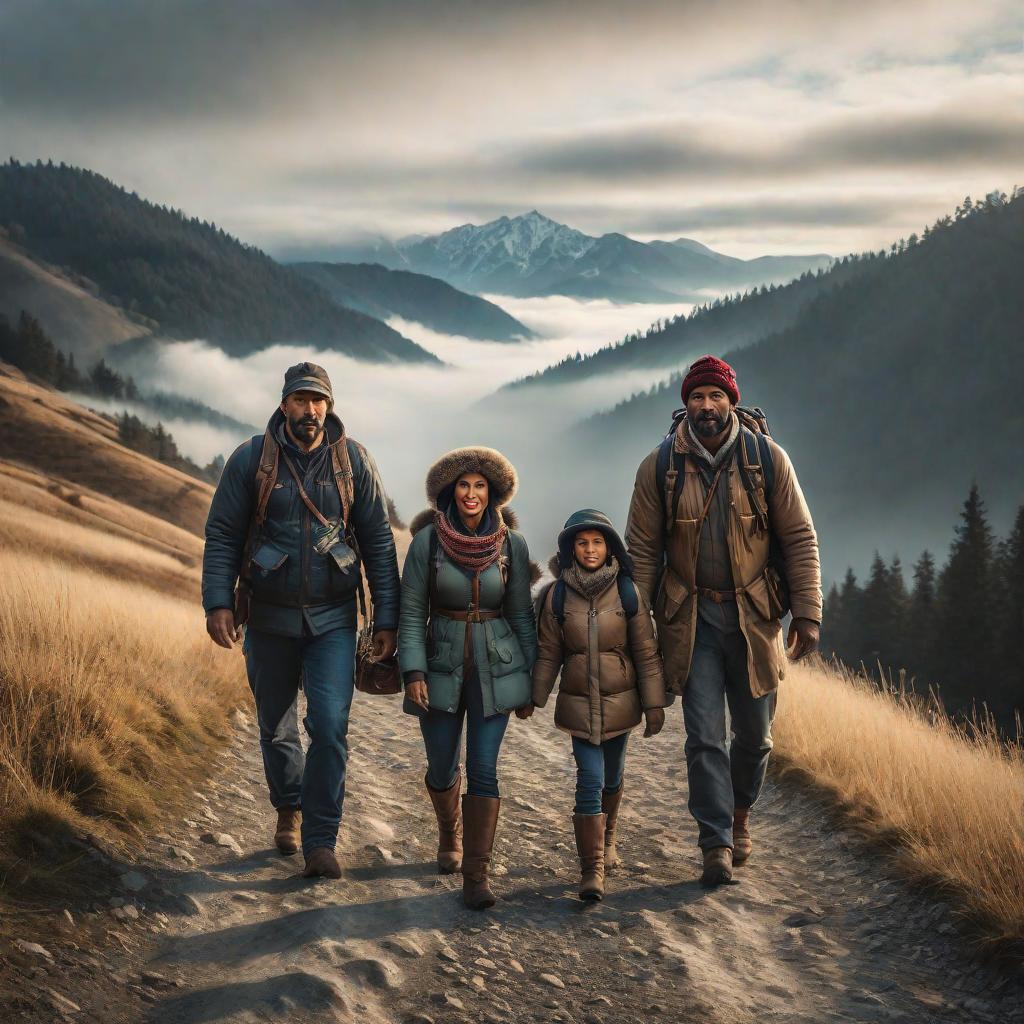  Familia com avôs caminhando de em direção as montanhas hyperrealistic, full body, detailed clothing, highly detailed, cinematic lighting, stunningly beautiful, intricate, sharp focus, f/1. 8, 85mm, (centered image composition), (professionally color graded), ((bright soft diffused light)), volumetric fog, trending on instagram, trending on tumblr, HDR 4K, 8K