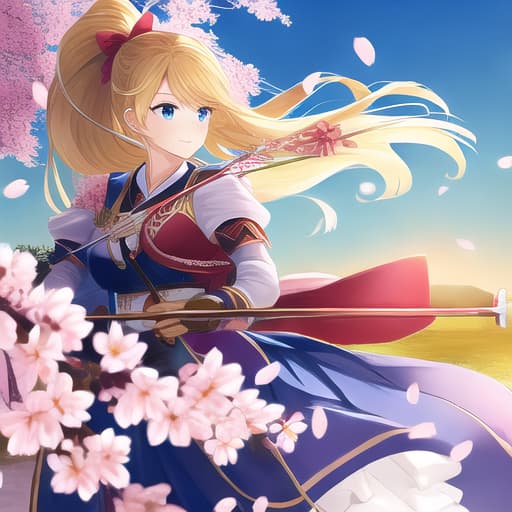  A beautiful beautiful lady with blonde hair holding a bow and arrow on targeting the deer background of petal of Cherry blossom 🌸🌸 blowing by wind unreal hi hi quality