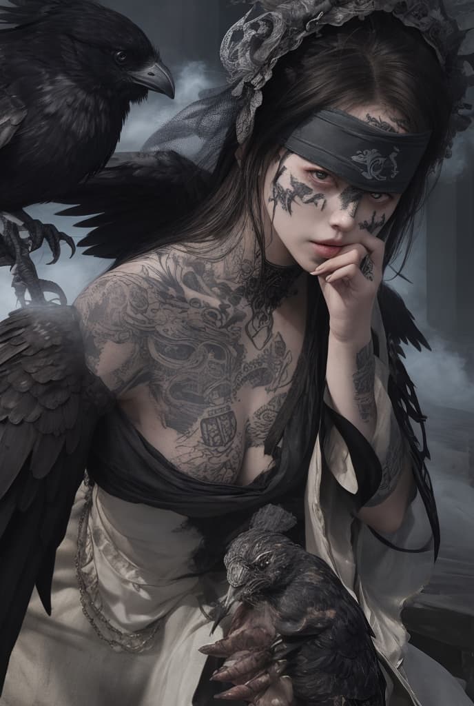  masterpiece, best quality, Best quality, masterpiece, 8k resolution, realistic, highly detailed, close up of blindfolded woman with smoke shading/slight horror style setting, with crow in the background tattoo design for upper arm