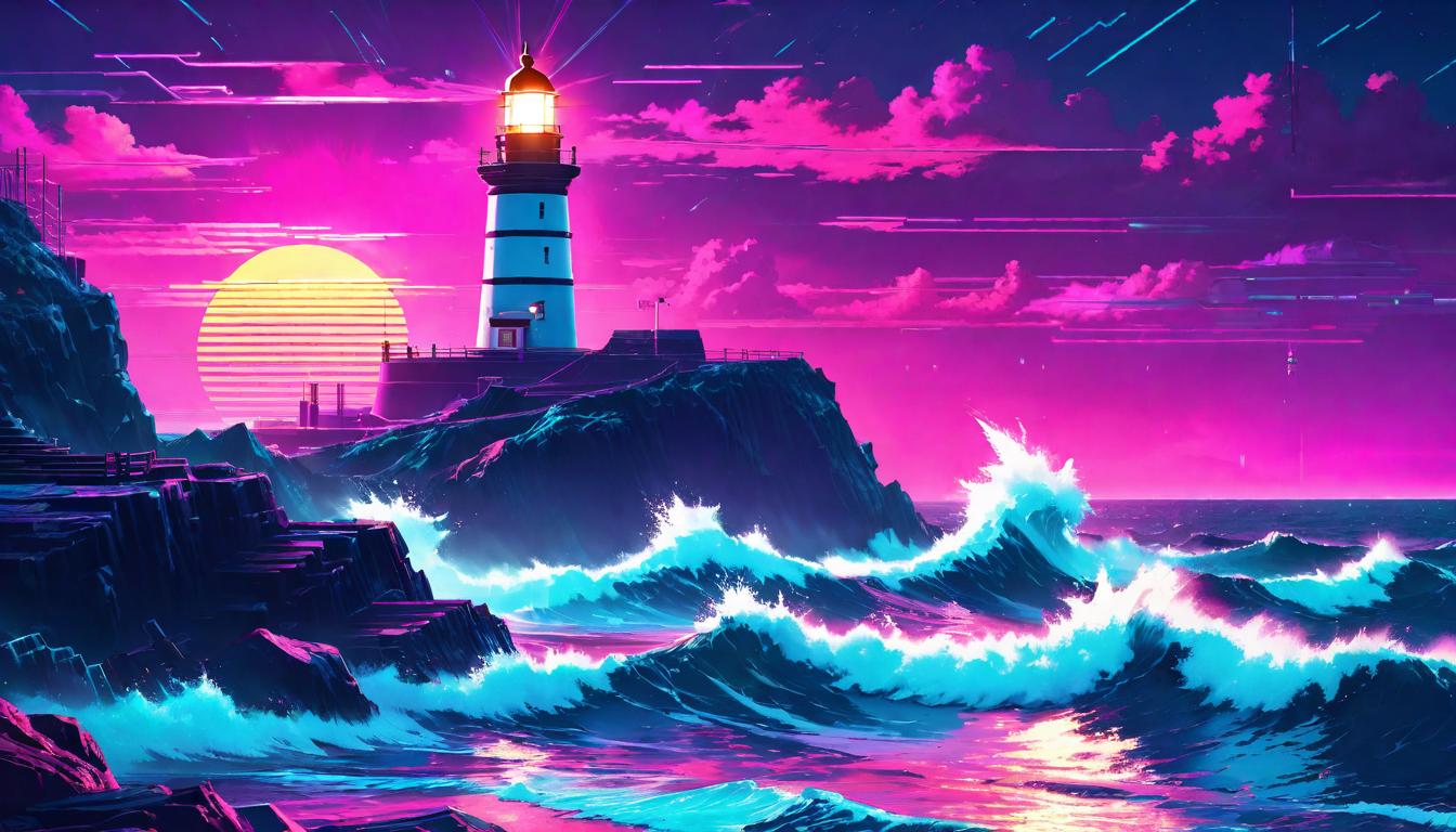  vaporwave,cyberpunk game style A lighthouse beacon in the night, symbolizing guidance and safety, sturdy structure against a tumultuous sea, beacon of hope, steadfasteon, dystopian, futuristic, digital, vibrant, detailed, high contrast, reminiscent of cyberpunk genre video games,retro aesthetic, cyberpunk, vibrant, neon colors, vintage 80s and 90s style, highly detailed