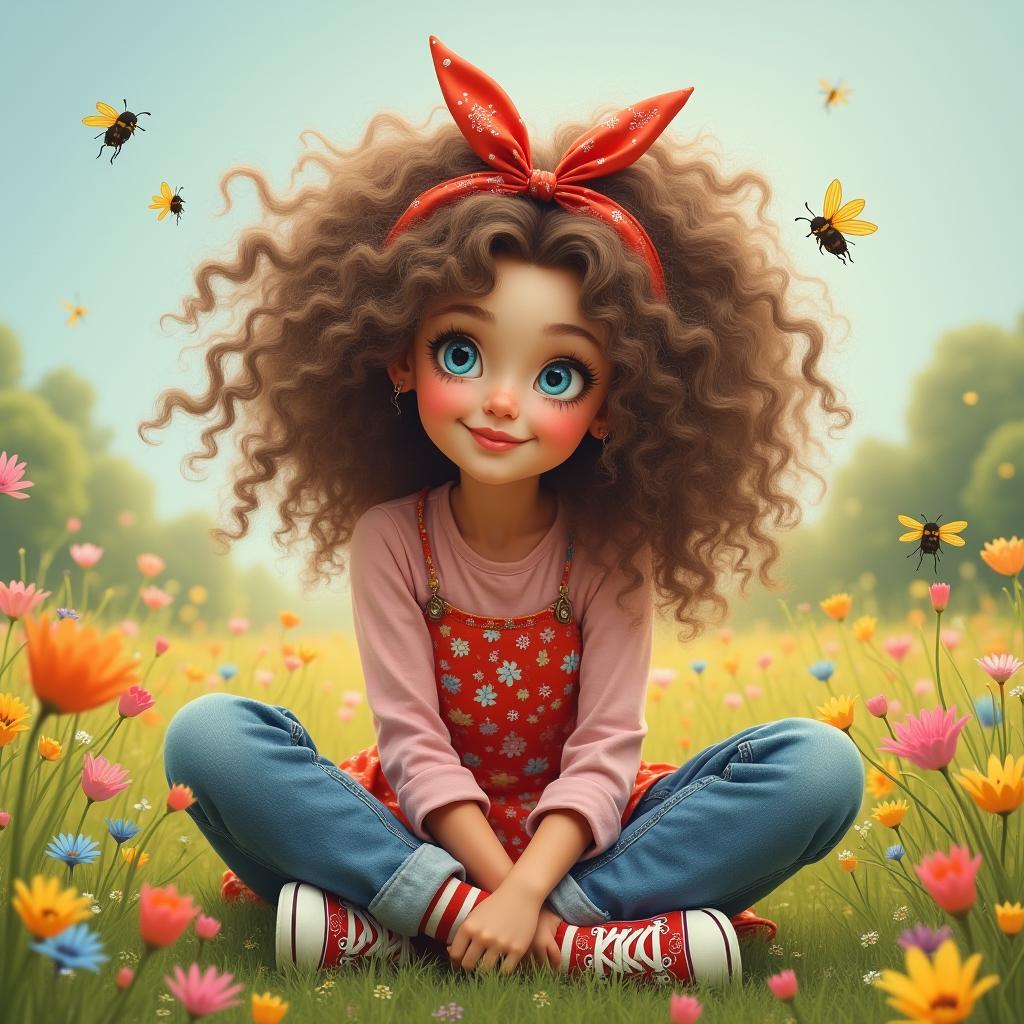  good quality, high quality, a whimsical and joyful scene featuring a carefree with an explosion of wild, curly hair, sitting cross legged in a vint meadow filled with colorful flowers. her bright blue eyes sparkle with delight as erflies flutter around her hair, some landing gently in her curls. she is wearing a casual pastel pink top, rolled up jeans, and a charming red floral dress layered over it, along with striped stockings and matching sneakers. her hair is tied with a red bandana, and she leans forward with a wide, mischievous smile, curiously observing a single flower beside her. the atmosphere is lively, filled with the energy of nature's beauty, the vint colors of flowers, and the innocence of a magica