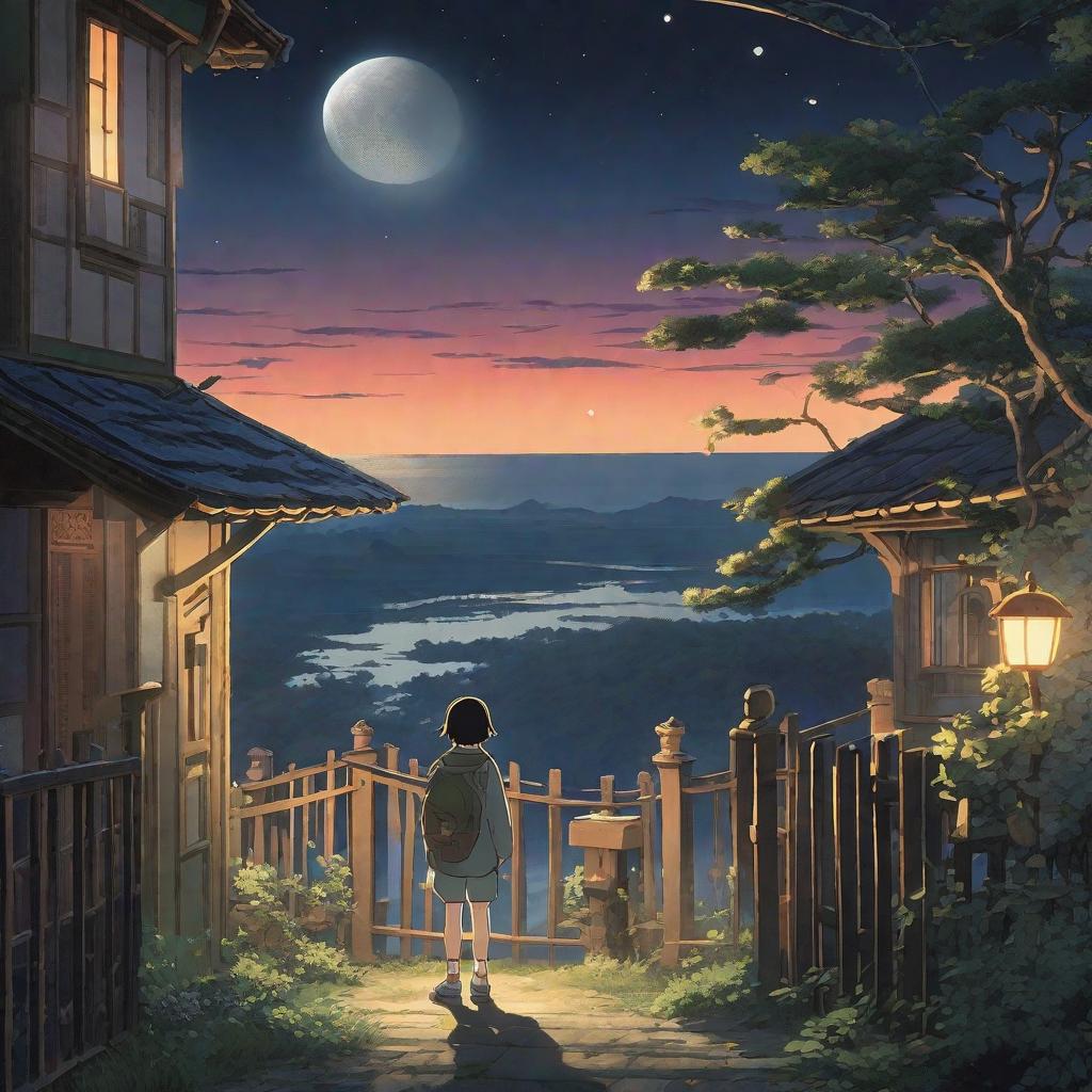  masterpiece, best quality, A lone figure stands beneath the black night sky, gazing up at the glowing moon. The scene is set in a serene, isolated environment, perhaps a desolate wasteland or a quiet rooftop. The atmosphere is filled with a sense of melancholy and introspection. The style is reminiscent of Makoto Shinkai's breathtaking landscapes, with a touch of Studio Ghibli's whimsical elements. The realization can be achieved through a combination of digital painting and 3D rendering, using a high-quality camera model to capture the intricate details of the moon and the character's emotions.