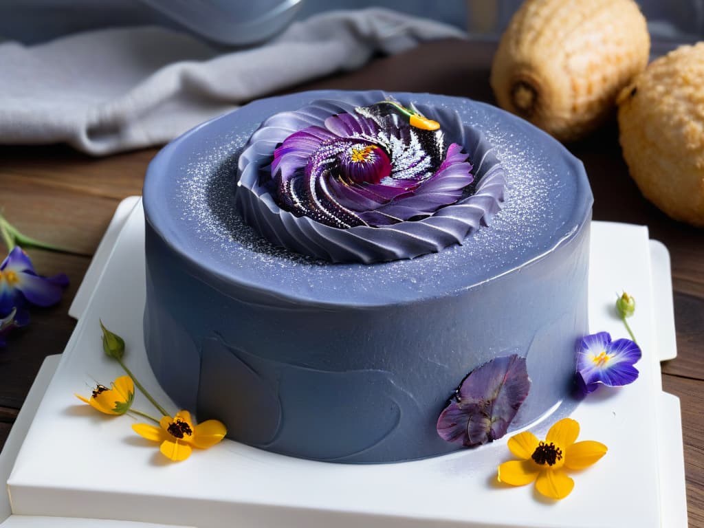  A closeup, ultradetailed image of a freshly baked blue corn cake adorned with edible flowers and a drizzle of honey, presented on a rustic wooden tabletop. The cake's texture is highlighted, showing the golden crust and crumb speckled with blue cornmeal, creating a visually stunning contrast. The natural light streaming in from the side illuminates the cake, casting soft shadows that enhance the depth and realism of the scene. This image captures the essence of the article's exploration of the revalorization of blue corn in pastrymaking, enticing viewers with its beauty and inviting them to discover the magic of this indigenous ingredient in modern cuisine. hyperrealistic, full body, detailed clothing, highly detailed, cinematic lighting, stunningly beautiful, intricate, sharp focus, f/1. 8, 85mm, (centered image composition), (professionally color graded), ((bright soft diffused light)), volumetric fog, trending on instagram, trending on tumblr, HDR 4K, 8K