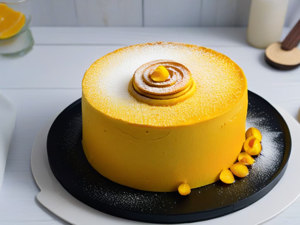  A stunning, minimalist image of a golden turmeric sponge cake topped with a light dusting of powdered sugar, set on a sleek matte black plate against a clean white backdrop. The cake is perfectly sliced to reveal its fluffy texture, with subtle hints of turmeric speckled throughout, exuding an air of elegance and healthful indulgence. hyperrealistic, full body, detailed clothing, highly detailed, cinematic lighting, stunningly beautiful, intricate, sharp focus, f/1. 8, 85mm, (centered image composition), (professionally color graded), ((bright soft diffused light)), volumetric fog, trending on instagram, trending on tumblr, HDR 4K, 8K