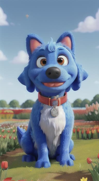  {The red ball nestled in a bed of colorful flowers like daisies and tulips, The big blue dog is large with sky blue fur, big round eyes, a black nose, and floppy ears.