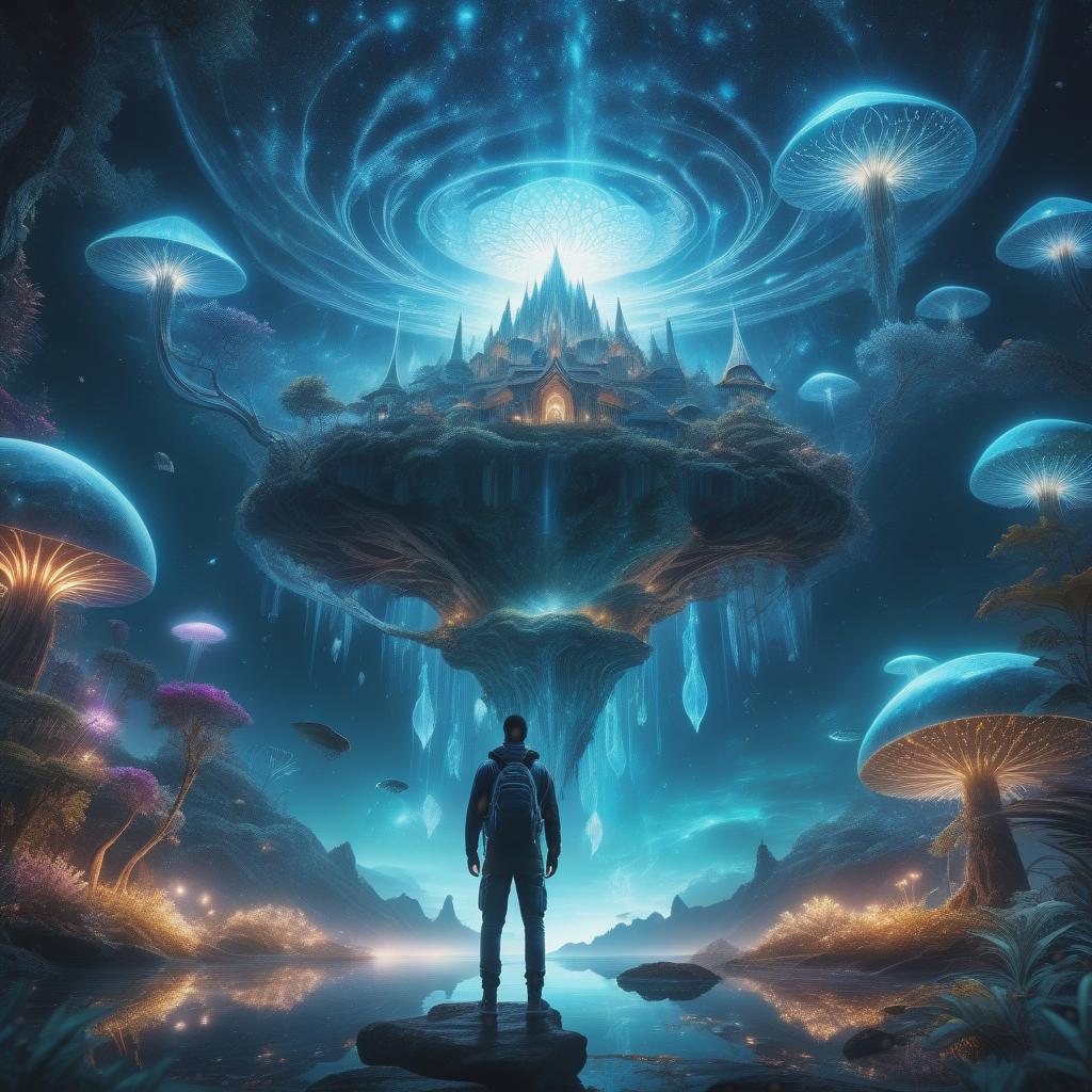  photo RAW,HD,8K, (Ultra detailed illustration of a person lost in a magical world of wonders, glowy, incredibly detailed, night, ( add depth, Hyperdetailed,hyper realistic background:1.5), bioluminescence, ultrarealistic, hyperrealistice:  (shiny aura, highly detailed, intricate motifs, perfect composition, smooth, sharp focus, sparkling particles, background Realistic, In a captivating art piece, a whimsical virtual regal amoeba blob creature takes center stage, This vibrant  image showcases a charming and charismatic character, reminiscent of a blob-like organism. The virtual creation is brought to life with vivid colors and impeccable detailing, capturing every intricate texture and contour. radiates with energy and showcases the hyperrealistic, full body, detailed clothing, highly detailed, cinematic lighting, stunningly beautiful, intricate, sharp focus, f/1. 8, 85mm, (centered image composition), (professionally color graded), ((bright soft diffused light)), volumetric fog, trending on instagram, trending on tumblr, HDR 4K, 8K