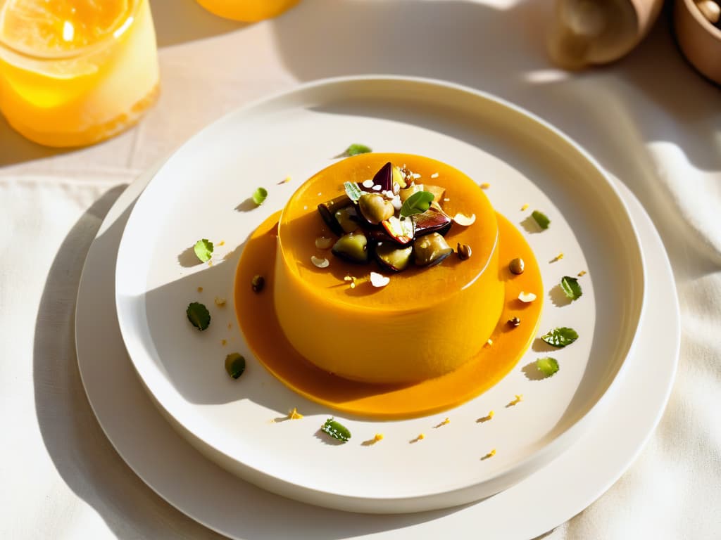  A highresolution, minimalist image of a beautifully plated Halwa dessert, showcasing its rich, golden color and intricate garnishes. The dessert is elegantly presented on a simple, white ceramic plate, with delicate saffron threads sprinkled on top, and a sprinkle of crushed pistachios adding a pop of color and texture. The soft, warm lighting highlights the glossy texture of the Halwa, creating a visually appealing and appetizing image that embodies the essence of Middle Eastern sweetness and culinary artistry. hyperrealistic, full body, detailed clothing, highly detailed, cinematic lighting, stunningly beautiful, intricate, sharp focus, f/1. 8, 85mm, (centered image composition), (professionally color graded), ((bright soft diffused light)), volumetric fog, trending on instagram, trending on tumblr, HDR 4K, 8K