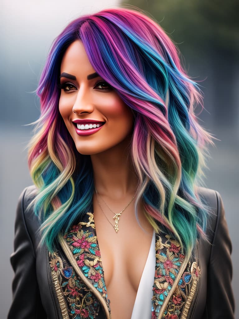  multicolor hair, HD, very detailed, sultry sexy smile, full body, hyperrealistic, full body, highly detailed, cinematic lighting, intricate, sharp focus, f/1. 8, 85mm, (centered image composition), (professionally color graded), ((bright soft diffused light)), volumetric fog, trending on instagram, HDR 4K, 8K