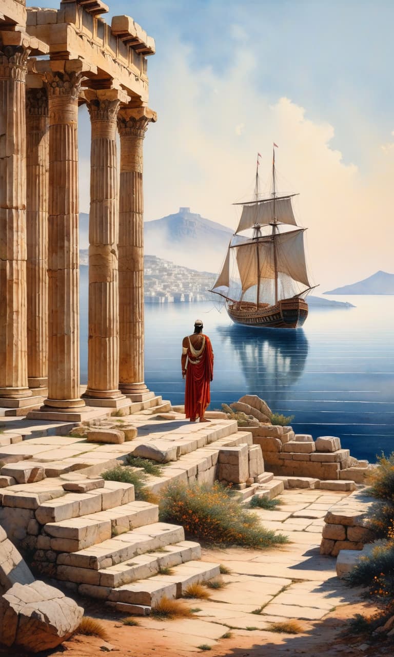  ( best quality, masterpiece, watercolor, photorealism: 1,2) (oil painting, artist Vereshchagin) ancient Greece, acropolis on the shore, ancient Greek galley, white sail, wooden ship hull, good detail hyperrealistic, full body, detailed clothing, highly detailed, cinematic lighting, stunningly beautiful, intricate, sharp focus, f/1. 8, 85mm, (centered image composition), (professionally color graded), ((bright soft diffused light)), volumetric fog, trending on instagram, trending on tumblr, HDR 4K, 8K