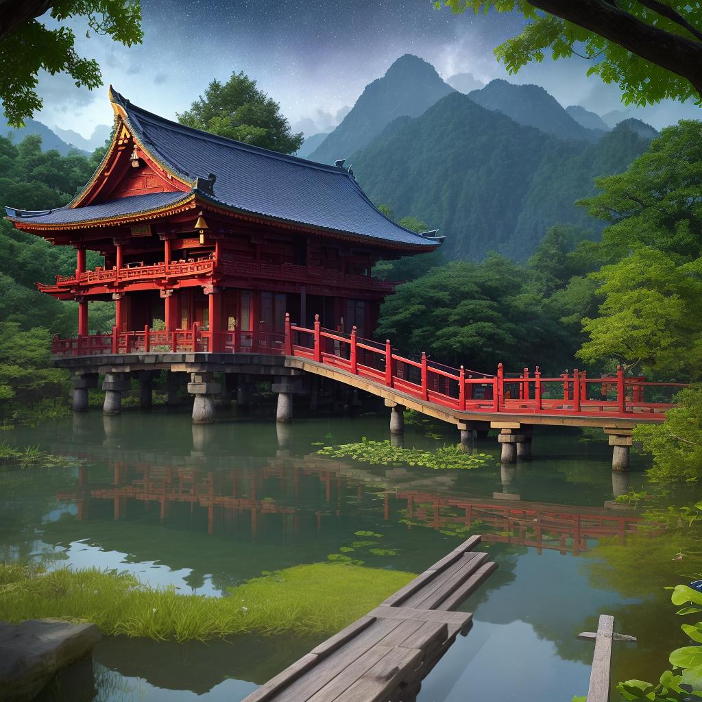  masterpiece, best quality,(fidelity: 1.4), best quality, masterpiece, ultra high resolution, 8 k resolution, featuring gardens and wooden bridges across a tranquil lake with a small temple by the lake. Starry sky reflected on the water. Girl walking alone with umbrella, long hair flowing, rain falling from the sky