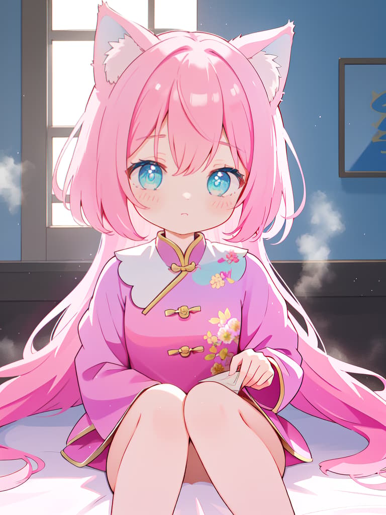  Cat ears, pink hair, china clothing, color blue, one, bob hair, moe, cute, face up, masterpiece, best quality,8k,ultra detailed,high resolution,an extremely delicate and beautiful,hyper detail hyperrealistic, full body, detailed clothing, highly detailed, cinematic lighting, stunningly beautiful, intricate, sharp focus, f/1. 8, 85mm, (centered image composition), (professionally color graded), ((bright soft diffused light)), volumetric fog, trending on instagram, trending on tumblr, HDR 4K, 8K