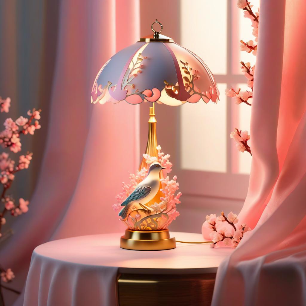  (Background):summer evening. (Interior) Window with pink curtains. Table on the table is a table lamp with a lampshade. (Table lamp design):The leg of the table lamp is made in the shape of a sakura trunk. There are small birds sitting on the branches. The lamp shade is gold coloured Empire style with white and pink cherry blossoms and flying petals embroidered on it. hyperrealistic, full body, detailed clothing, highly detailed, cinematic lighting, stunningly beautiful, intricate, sharp focus, f/1. 8, 85mm, (centered image composition), (professionally color graded), ((bright soft diffused light)), volumetric fog, trending on instagram, trending on tumblr, HDR 4K, 8K