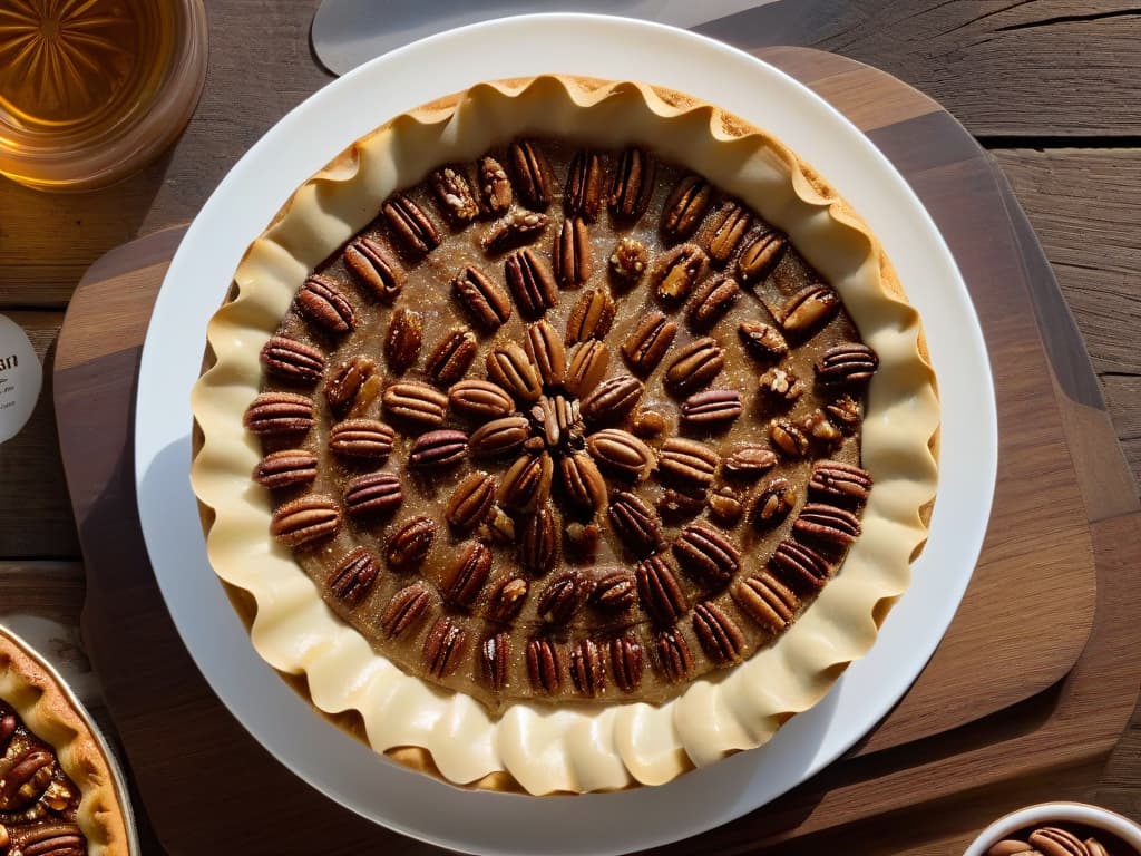  A closeup, minimalist shot of a goldenbrown, perfectly baked pecan pie resting on a rustic wooden table. The pie is adorned with a few scattered whole pecans, and a light drizzle of rich caramel sauce glistens on top. The crust is beautifully crimped, and the aroma of toasted nuts and sweet caramel seems to waft off the image, inviting the viewer to indulge in the authentic taste of a Texan Pecan Pie. hyperrealistic, full body, detailed clothing, highly detailed, cinematic lighting, stunningly beautiful, intricate, sharp focus, f/1. 8, 85mm, (centered image composition), (professionally color graded), ((bright soft diffused light)), volumetric fog, trending on instagram, trending on tumblr, HDR 4K, 8K