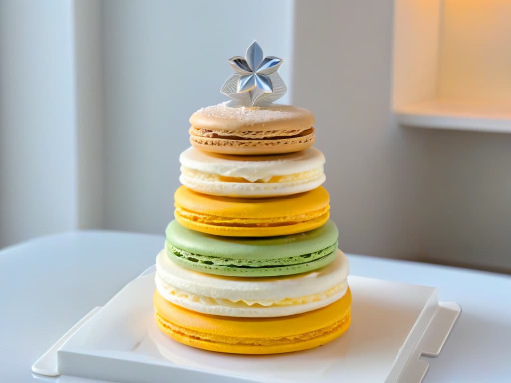  A closeup, ultradetailed image of a delicate macaron tower, showcasing a variety of pastel colors and intricate textures. Each macaron is perfectly formed, with a glossy exterior that reflects light beautifully. The tower is elegantly assembled on a minimalist white platter, creating a visually striking and sophisticated image that speaks to the artistry and precision of international pastrymaking. hyperrealistic, full body, detailed clothing, highly detailed, cinematic lighting, stunningly beautiful, intricate, sharp focus, f/1. 8, 85mm, (centered image composition), (professionally color graded), ((bright soft diffused light)), volumetric fog, trending on instagram, trending on tumblr, HDR 4K, 8K