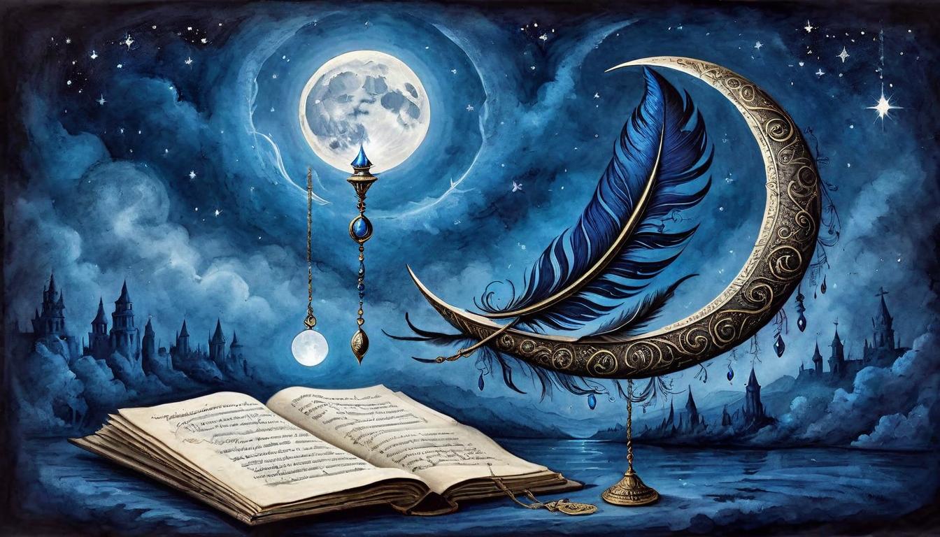  on parchment, surrealism+++, A mystic scale, drenched in nocturnal hues, balances an enigmatic orb against a feather, both glowing under a crescent moon. Mystic symbols etched in the scales, scale suspended in an indigo night, orb pulsating with inner light, feather light yet profound, celestial equilibrium, balance of fate, enigmatic, otherworldly justice(mysterious, provocative, symbolic,muted color)+++